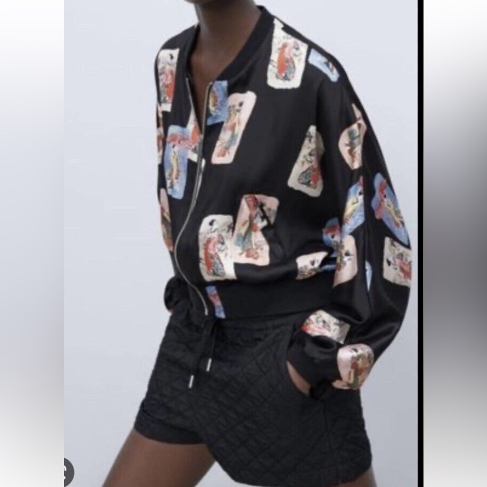 ZARA CROPPED SILKY BOMBER JACKET ASIAN GRAPHIC PRINT SIZE XL